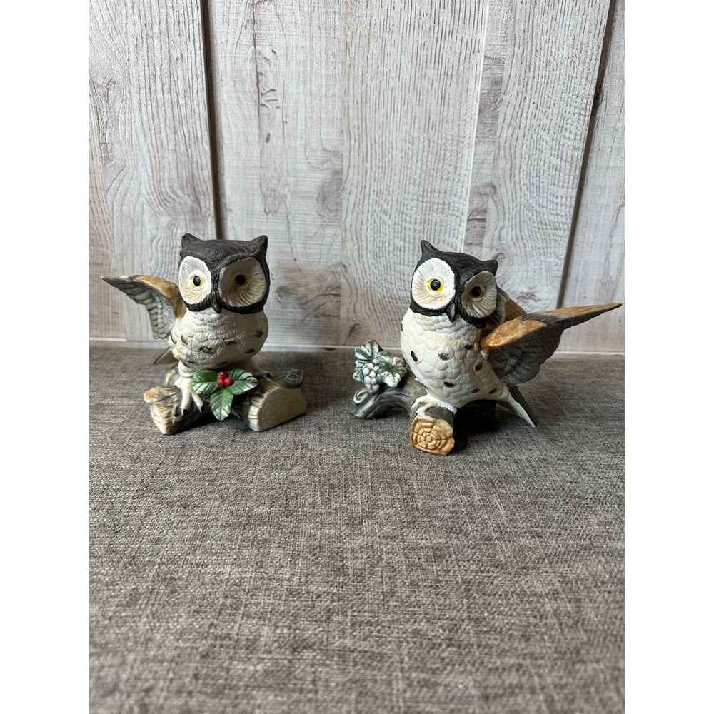 Vintage Ceramic Owl Figurines Pair Perched on Branch Holly Berries Hand Painted